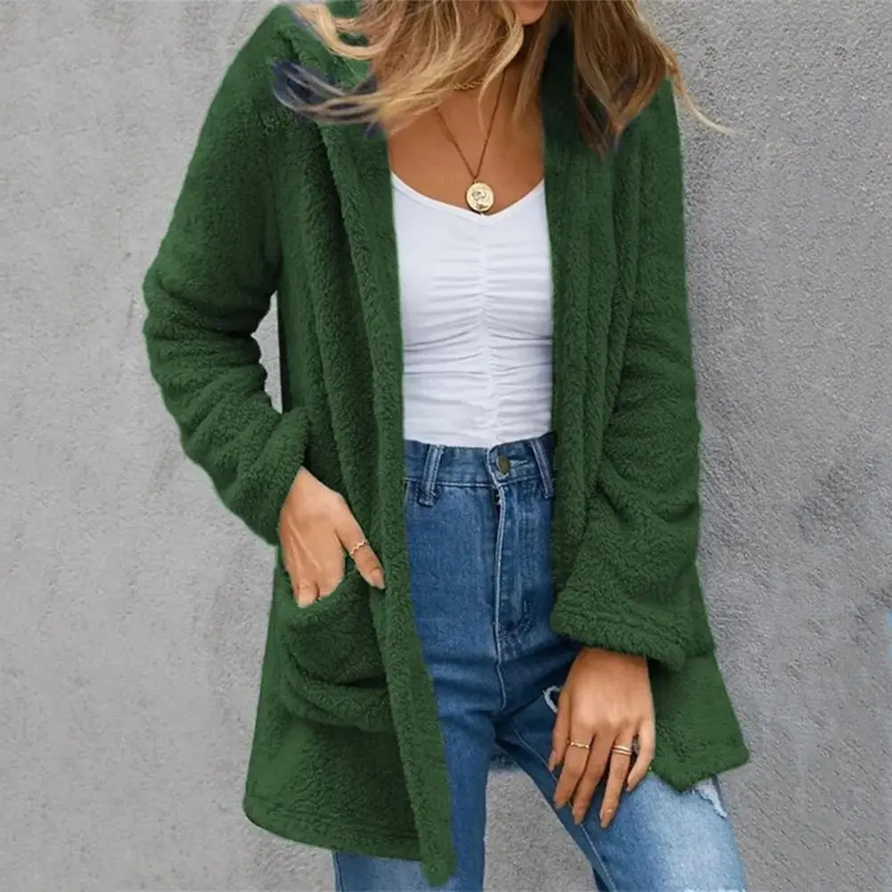 Women Loose Fit Coat Thick Plush Open Stitch Long Sleeve Pockets Casual Mid Length Spring Autumn Coat Long Sleeves JacketCasual