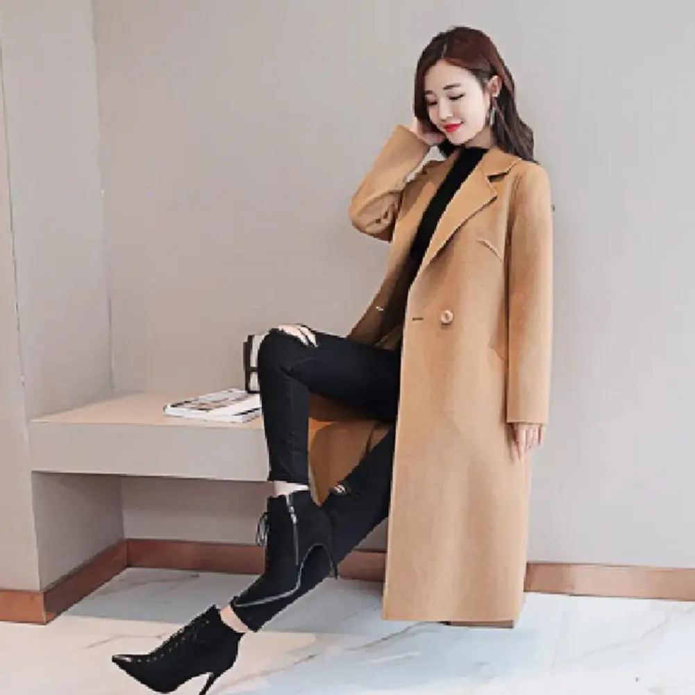 Woolen Lapel Long Coats Fashion Vintage Women Overcoat Korean Notch Collar Elegant Woolen Trench Coat Loose Cardigan Winter Coat
