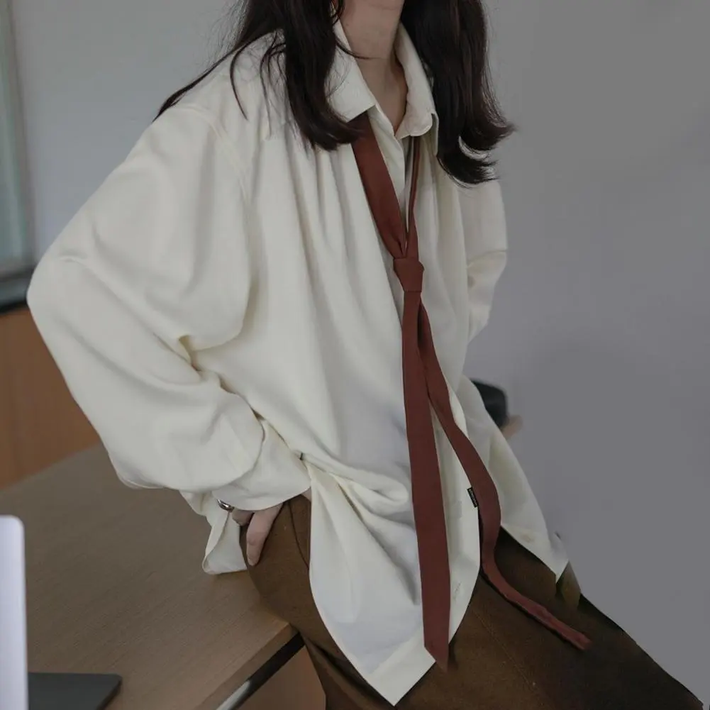 Women Shirt Spring Autumn Women's Shirt With Tie Button Cardigan Simple Long Sleeved Loose Fit Regular Style Solid Color Shirt