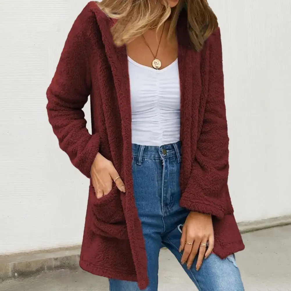 Women Loose Fit Coat Thick Plush Open Stitch Long Sleeve Pockets Casual Mid Length Spring Autumn Coat Long Sleeves JacketCasual