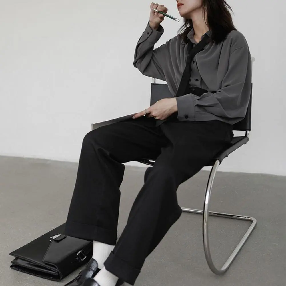 Women Shirt Spring Autumn Women's Shirt With Tie Button Cardigan Simple Long Sleeved Loose Fit Regular Style Solid Color Shirt