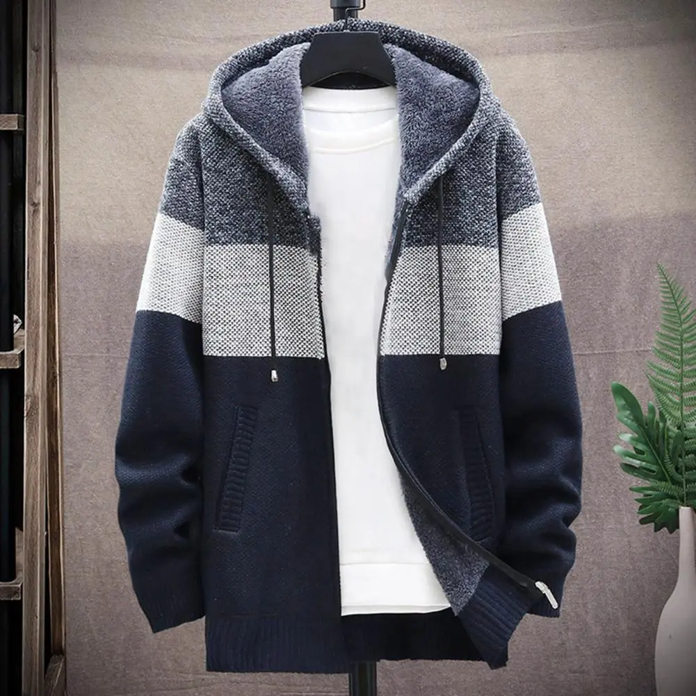 2025 Men Hooded Coat Color Block Knitted Autumn Winter Thicken Plush Lining Warm Cardigan Sweater Winter Sweater Jacket
