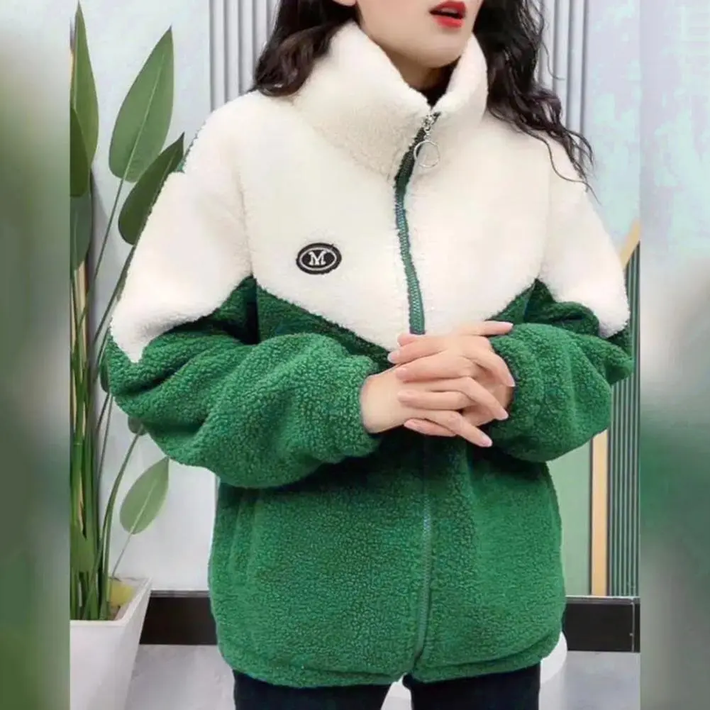 2025 Women Winter Fall Coat Thickened Plush Color Matching Stand Collar Zipper Closure Women Windproof Thermal Jacket Overcoat