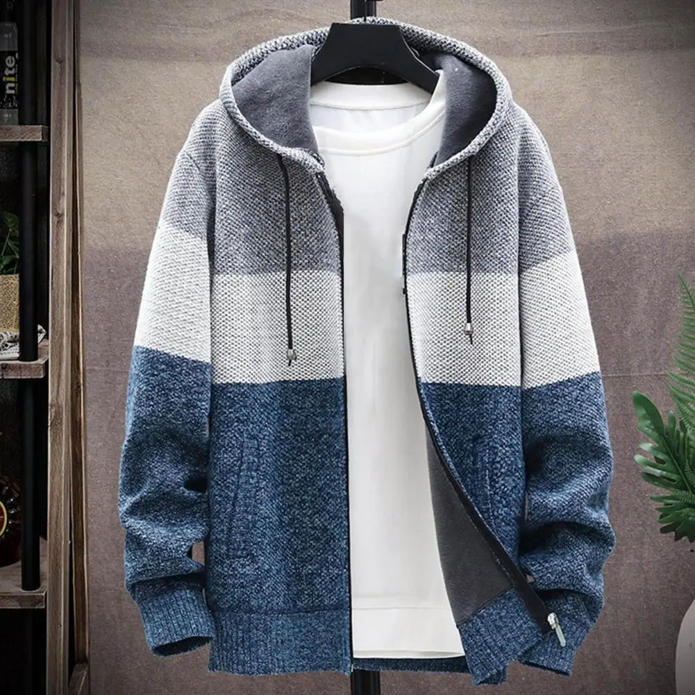 2025 Men Hooded Coat Color Block Knitted Autumn Winter Thicken Plush Lining Warm Cardigan Sweater Winter Sweater Jacket