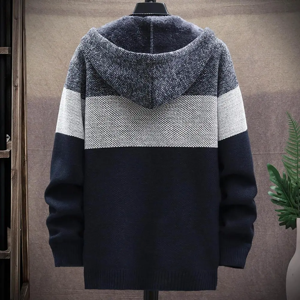 2025 Men Hooded Coat Color Block Knitted Autumn Winter Thicken Plush Lining Warm Cardigan Sweater Winter Sweater Jacket
