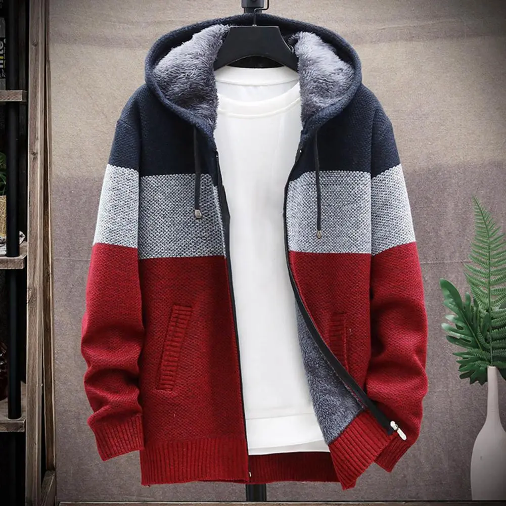 2025 Men Hooded Coat Color Block Knitted Autumn Winter Thicken Plush Lining Warm Cardigan Sweater Winter Sweater Jacket