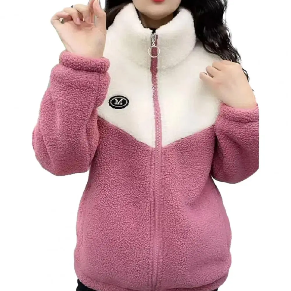 2025 Women Winter Fall Coat Thickened Plush Color Matching Stand Collar Zipper Closure Women Windproof Thermal Jacket Overcoat