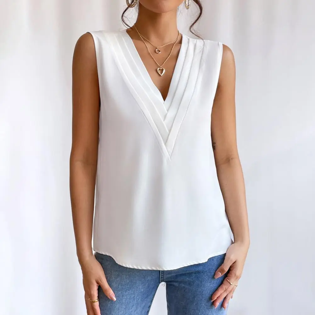 2025 Elegant Office Lady Vest V-Neck Sleeveless Layered Collar Women Blouse Solid Color Sleeveless T-shirt Female Tank Top