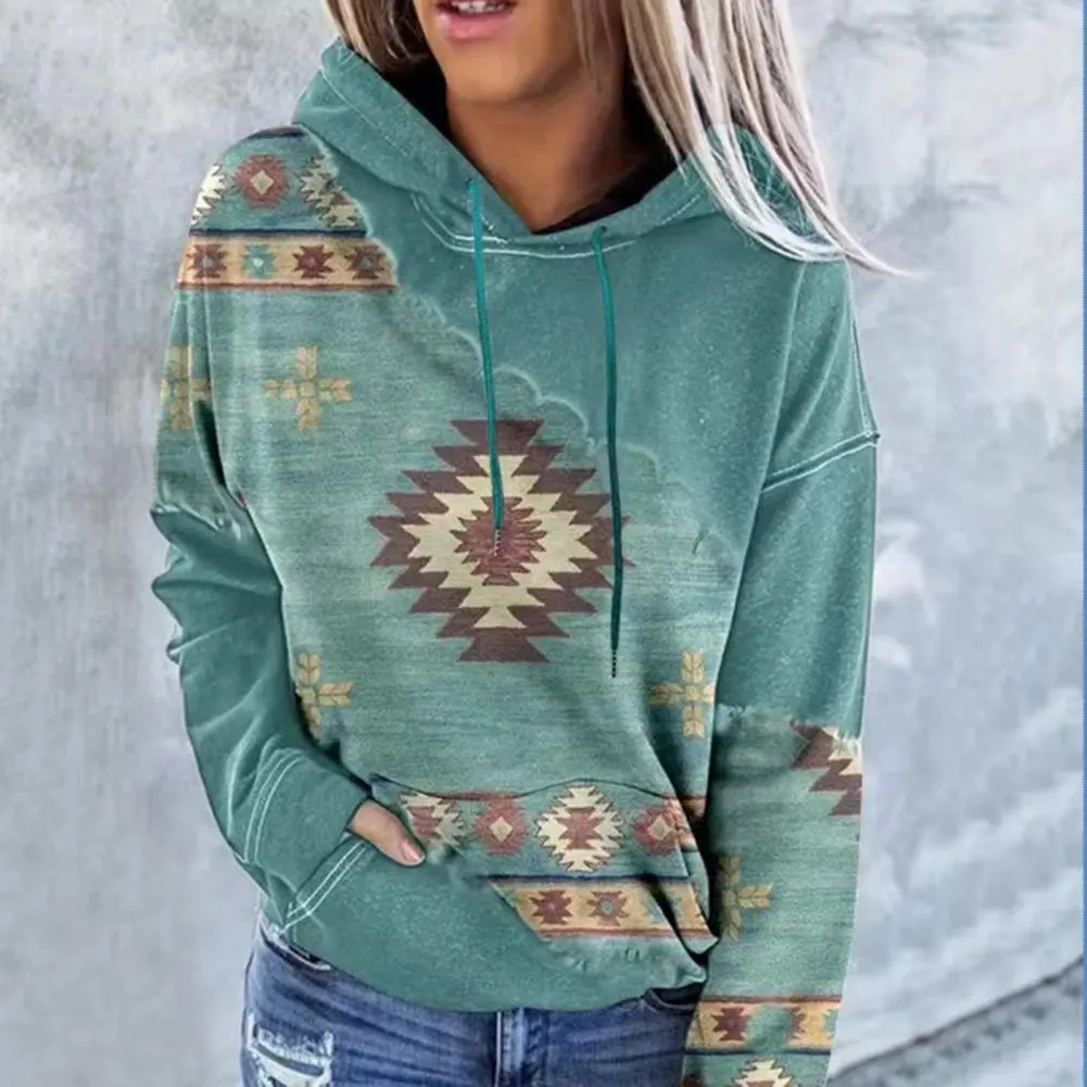 Printed Hoodie Women Vintage Hoodie Stylish Vintage Print Hoodie Women's Loose Pullover with Drawstring Long Sleeve for Fall