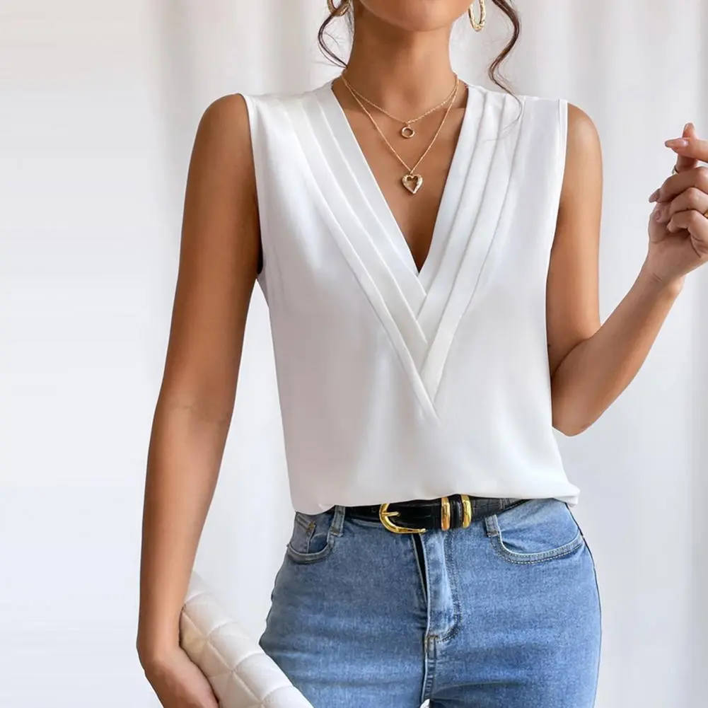 2025 Elegant Office Lady Vest V-Neck Sleeveless Layered Collar Women Blouse Solid Color Sleeveless T-shirt Female Tank Top
