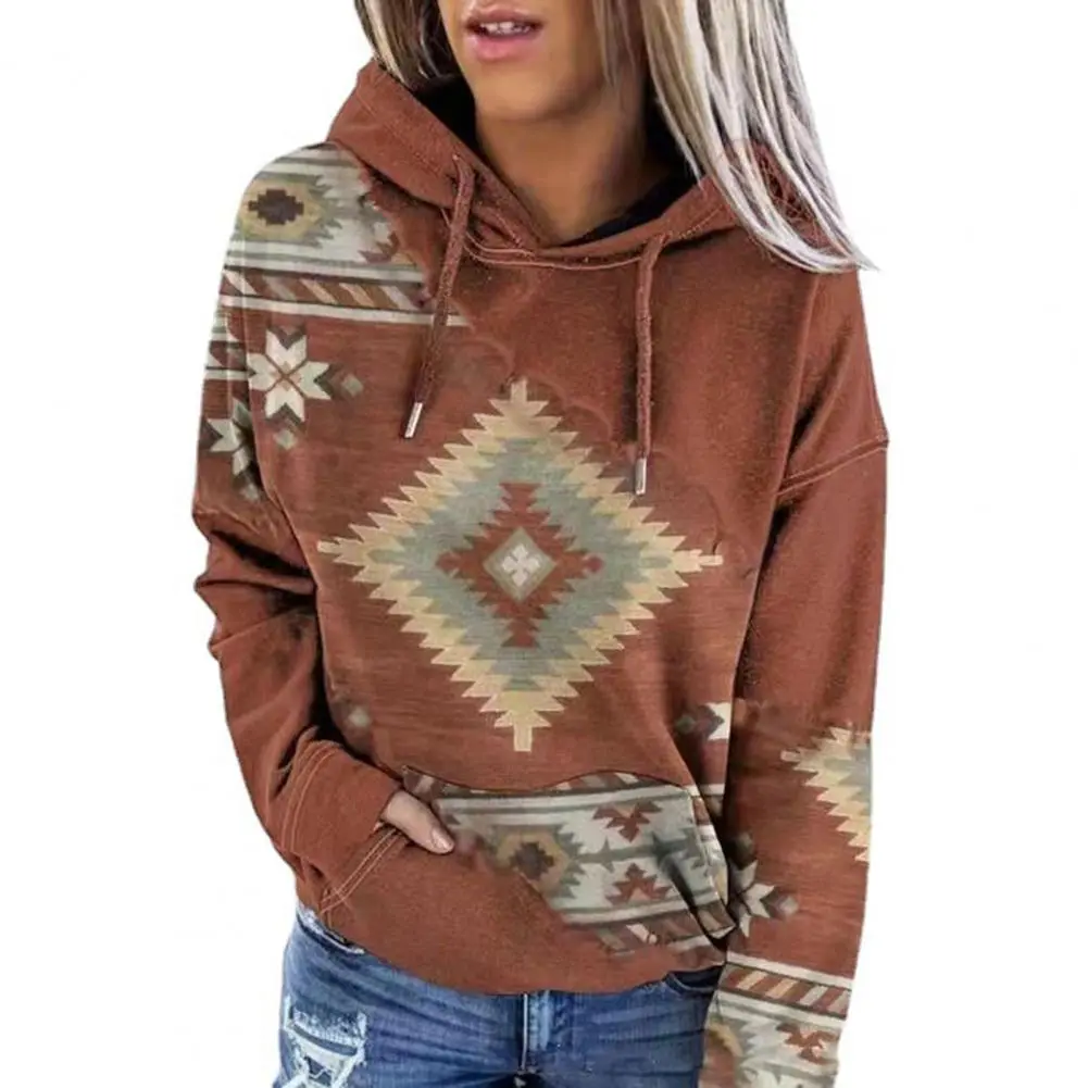 Printed Hoodie Women Vintage Hoodie Stylish Vintage Print Hoodie Women's Loose Pullover with Drawstring Long Sleeve for Fall