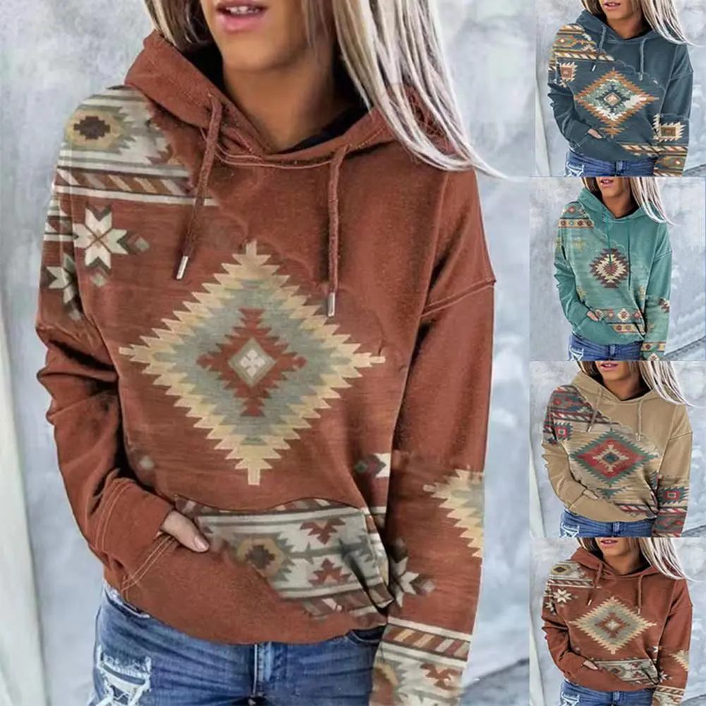 Printed Hoodie Women Vintage Hoodie Stylish Vintage Print Hoodie Women's Loose Pullover with Drawstring Long Sleeve for Fall