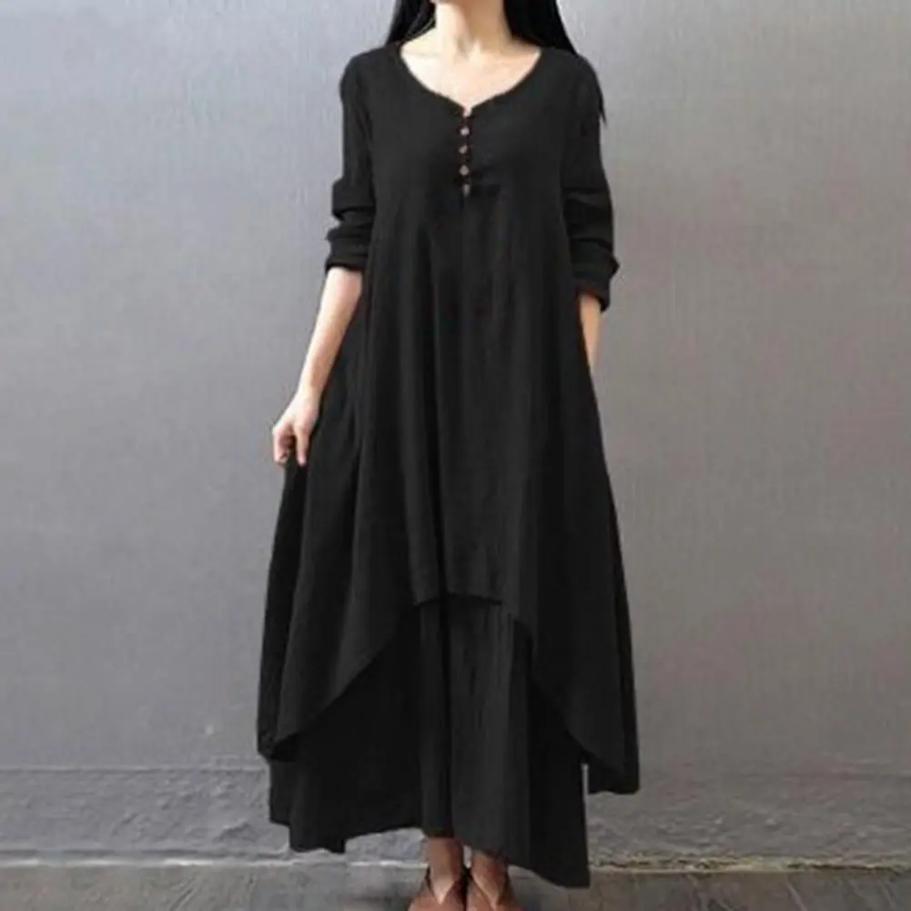 Cotton And Linen Retro Maxi Dress False Two Pieces V-Neck Buttons Decor Long Sleeve Large Hem Baggy Dress Irregular Robe Dress