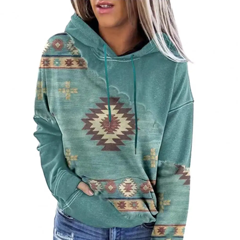 Printed Hoodie Women Vintage Hoodie Stylish Vintage Print Hoodie Women's Loose Pullover with Drawstring Long Sleeve for Fall