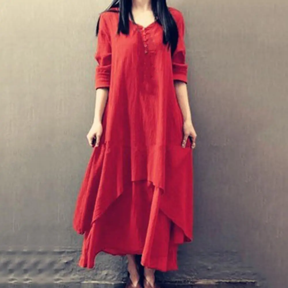 Cotton And Linen Retro Maxi Dress False Two Pieces V-Neck Buttons Decor Long Sleeve Large Hem Baggy Dress Irregular Robe Dress