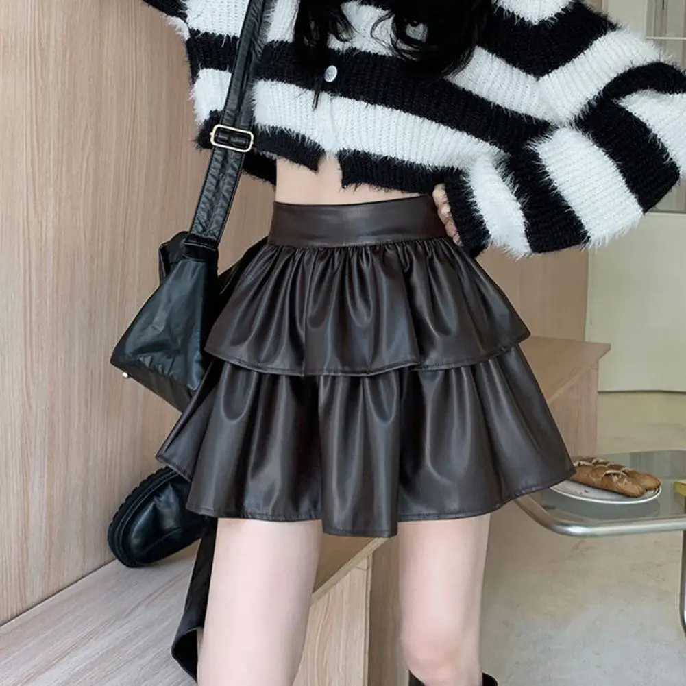 Korean Style Faux Leather Mini Skirt Beige/Black/Coffee Pleated Hem Women Short Skirt Spring Autumn High Waist Leather Skirts