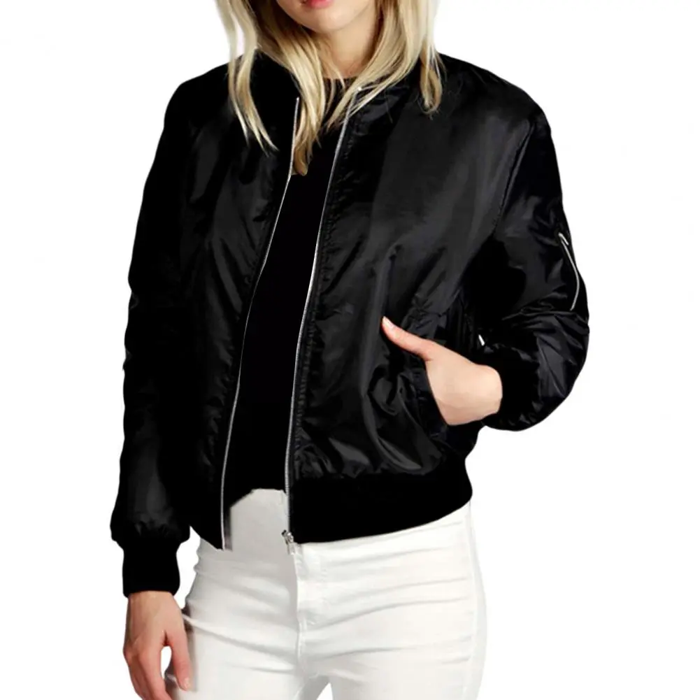 2025 Women Autumn Coat Solid Color Stand Collar Zipper Cardigan Long Sleeves Warm Elastic Cuff Pockets Stretchy Hem Lady Jacket