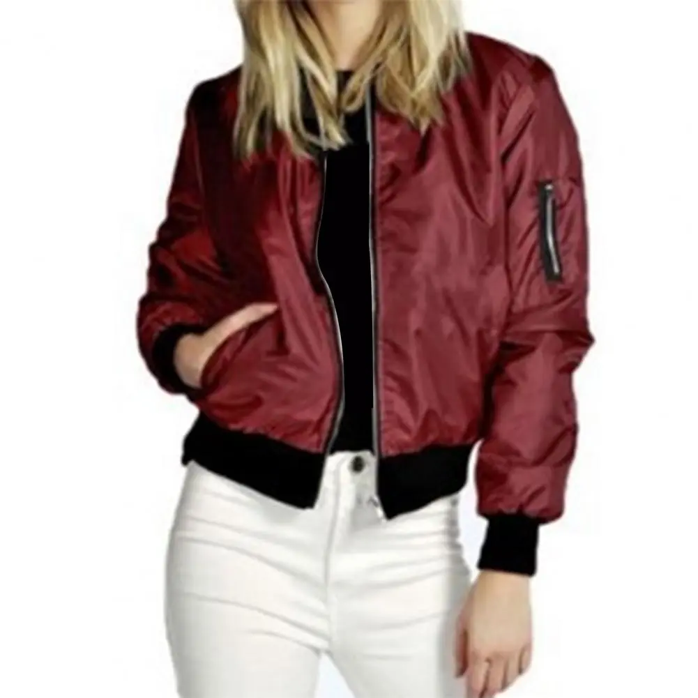 2025 Women Autumn Coat Solid Color Stand Collar Zipper Cardigan Long Sleeves Warm Elastic Cuff Pockets Stretchy Hem Lady Jacket