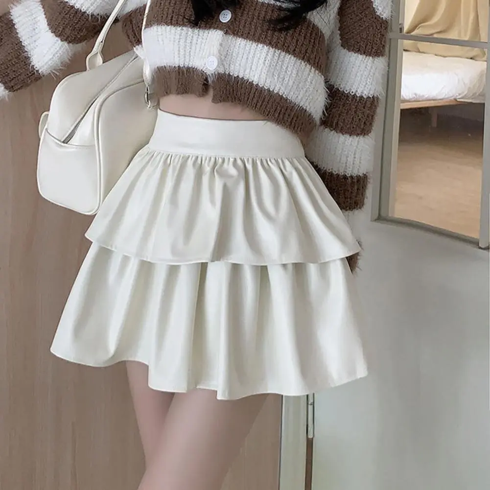 Korean Style Faux Leather Mini Skirt Beige/Black/Coffee Pleated Hem Women Short Skirt Spring Autumn High Waist Leather Skirts