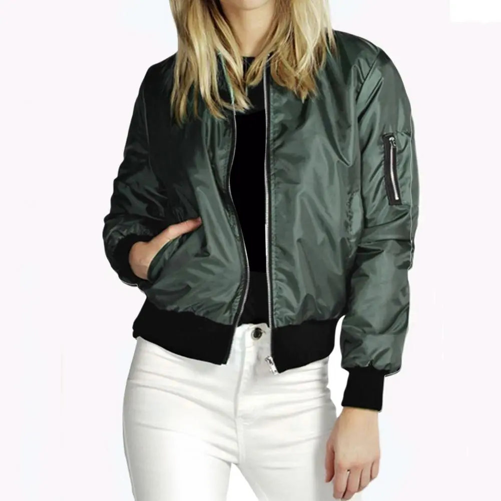 2025 Women Autumn Coat Solid Color Stand Collar Zipper Cardigan Long Sleeves Warm Elastic Cuff Pockets Stretchy Hem Lady Jacket
