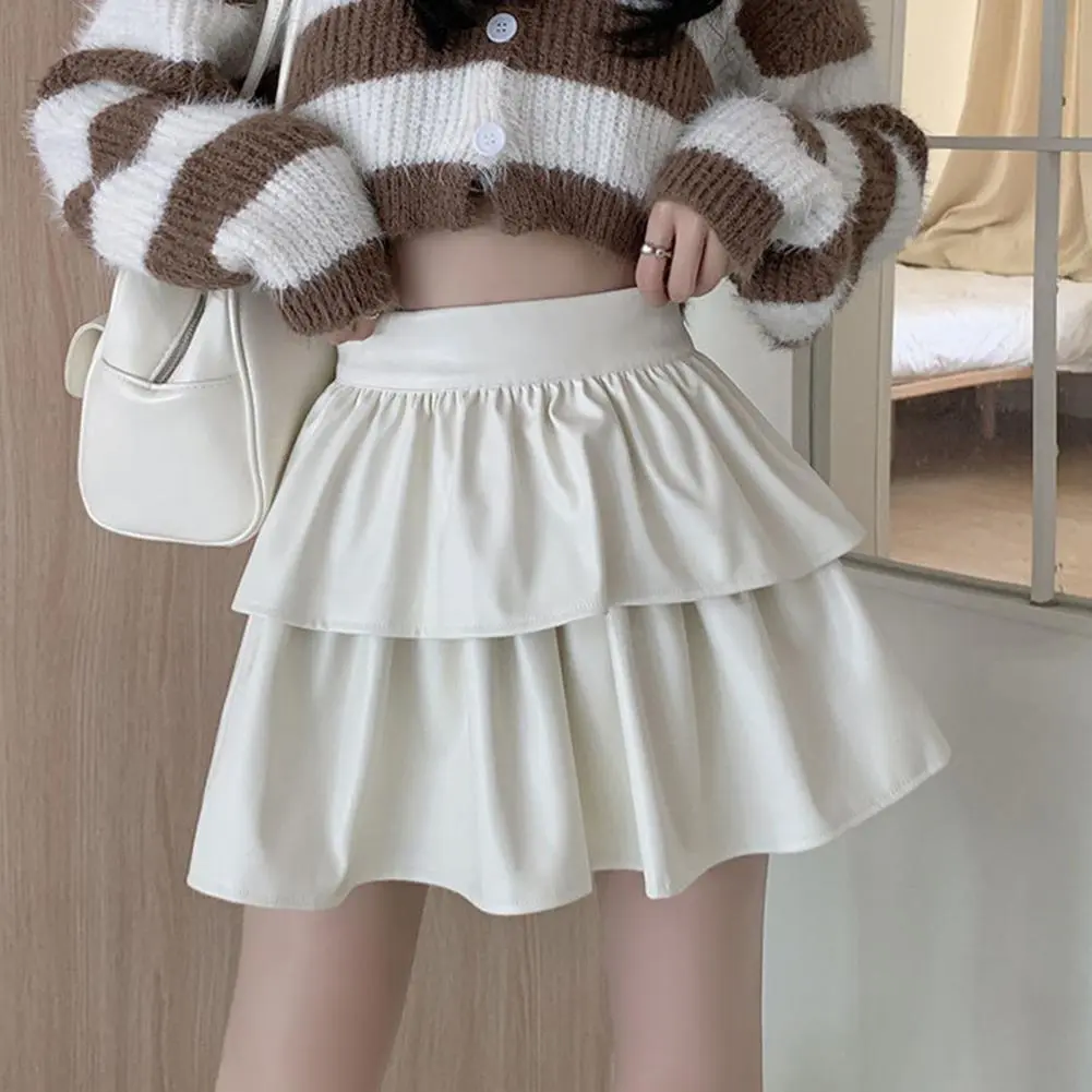 Korean Style Faux Leather Mini Skirt Beige/Black/Coffee Pleated Hem Women Short Skirt Spring Autumn High Waist Leather Skirts