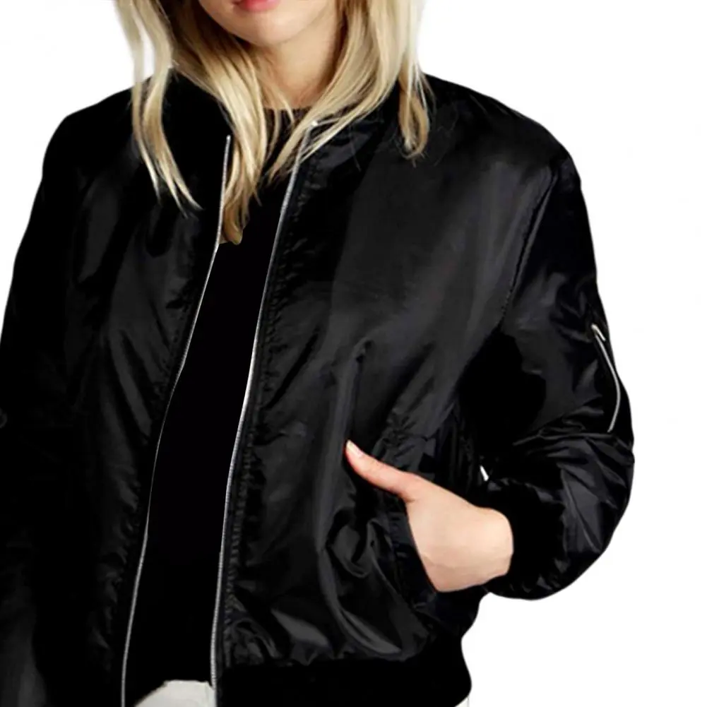 2025 Women Autumn Coat Solid Color Stand Collar Zipper Cardigan Long Sleeves Warm Elastic Cuff Pockets Stretchy Hem Lady Jacket