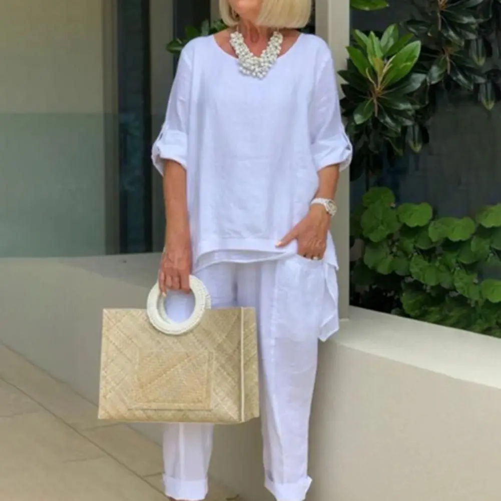 Women Shirt Pants Set Elegant O Neck Short Sleeve Blouses Pants Sets Outifits Top Long Trousers Suits Female All Match Tracksuit