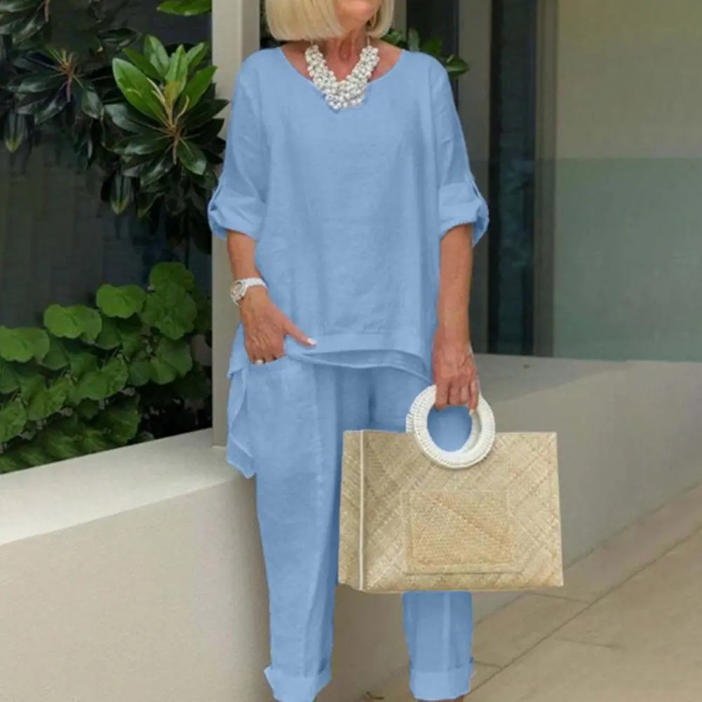 Women Shirt Pants Set Elegant O Neck Short Sleeve Blouses Pants Sets Outifits Top Long Trousers Suits Female All Match Tracksuit