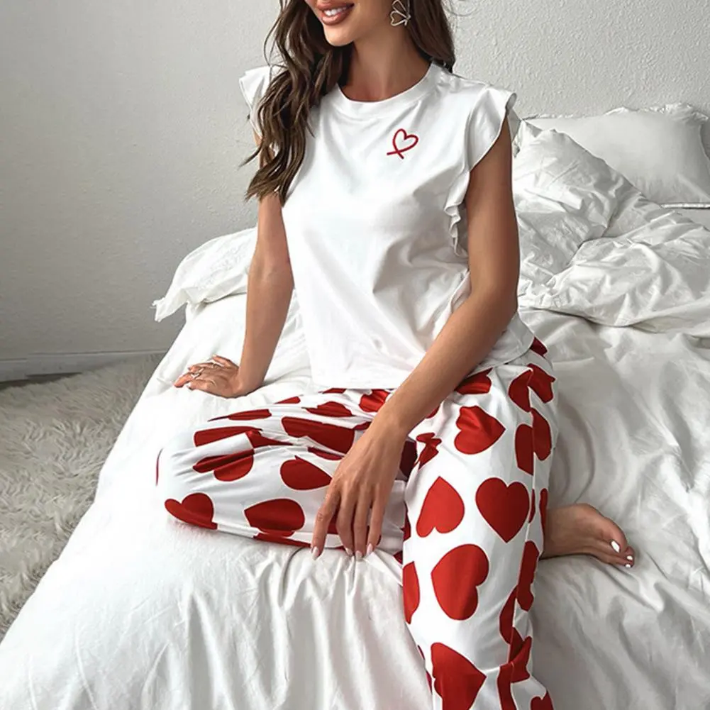 Women's Pajamas Set Sexy Lingerie Heart Print Ruffle Trim Tank Top And Wide Leg Pants Set Lounge Outfit For Women Sleepwear