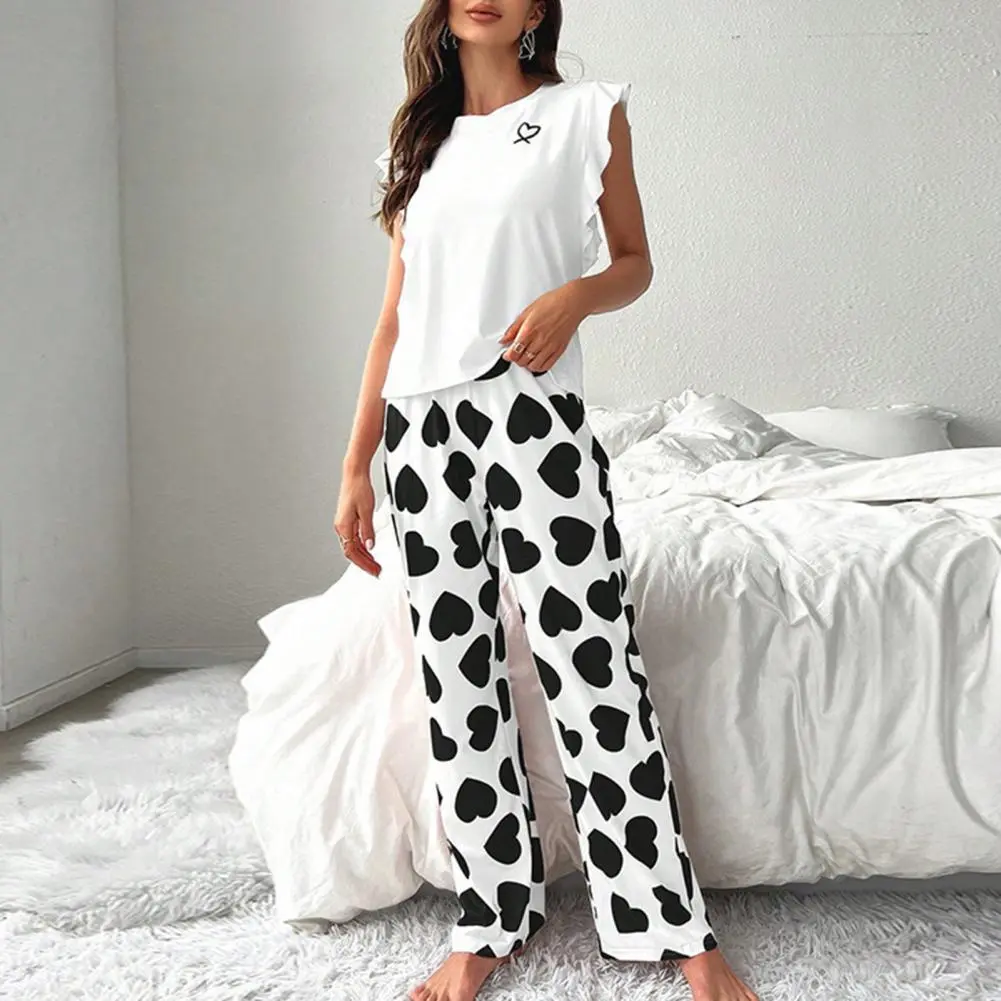 Women's Pajamas Set Sexy Lingerie Heart Print Ruffle Trim Tank Top And Wide Leg Pants Set Lounge Outfit For Women Sleepwear