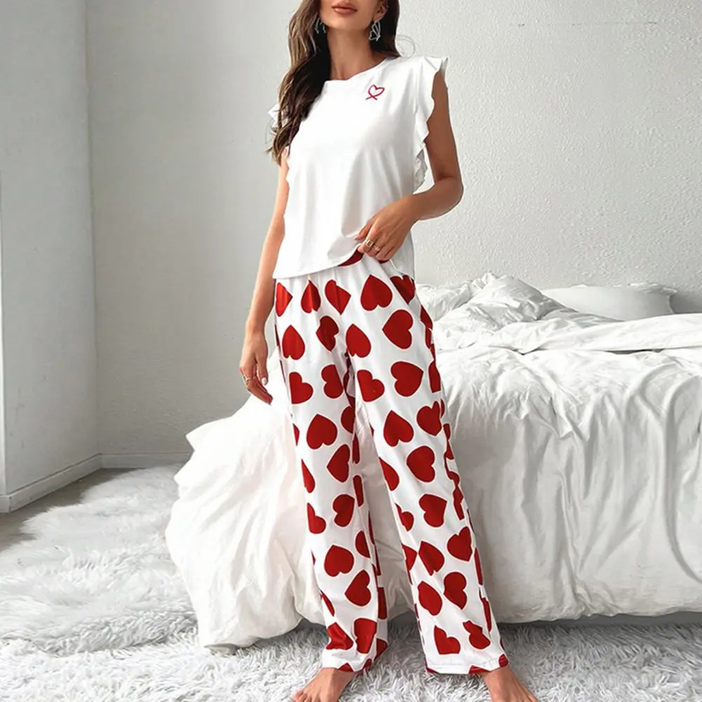 Women's Pajamas Set Sexy Lingerie Heart Print Ruffle Trim Tank Top And Wide Leg Pants Set Lounge Outfit For Women Sleepwear