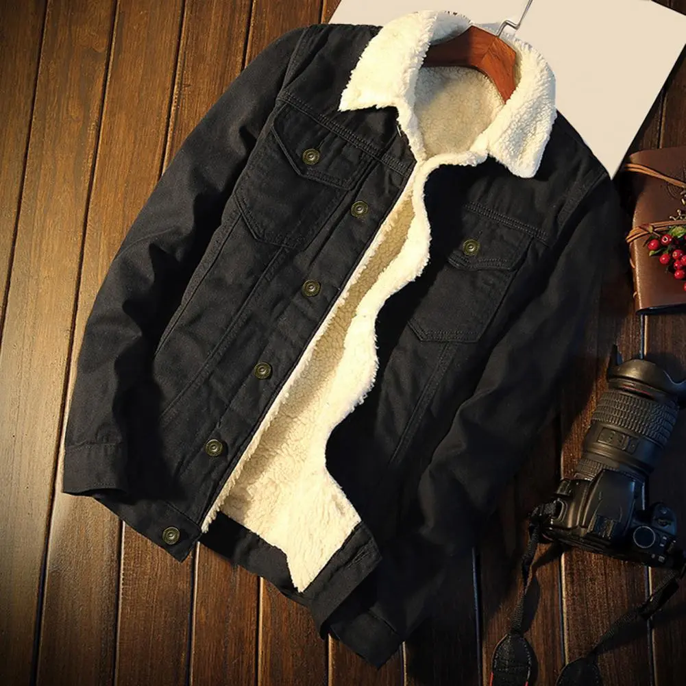 2025 Men Jean Jacket Plush Lining Single Breasted Turndown Collar Men Jean Coat Coldproof Winter Thicken Lapel Denim Jacket