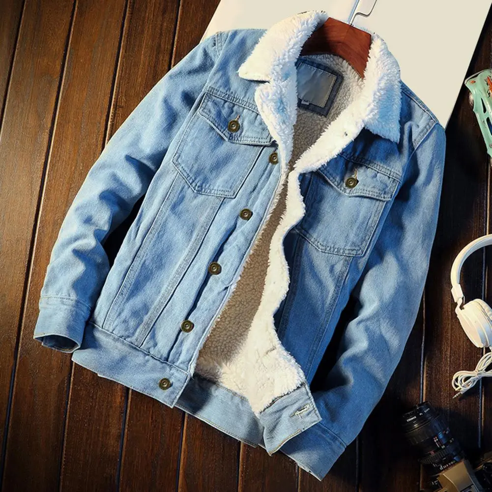 2025 Men Jean Jacket Plush Lining Single Breasted Turndown Collar Men Jean Coat Coldproof Winter Thicken Lapel Denim Jacket