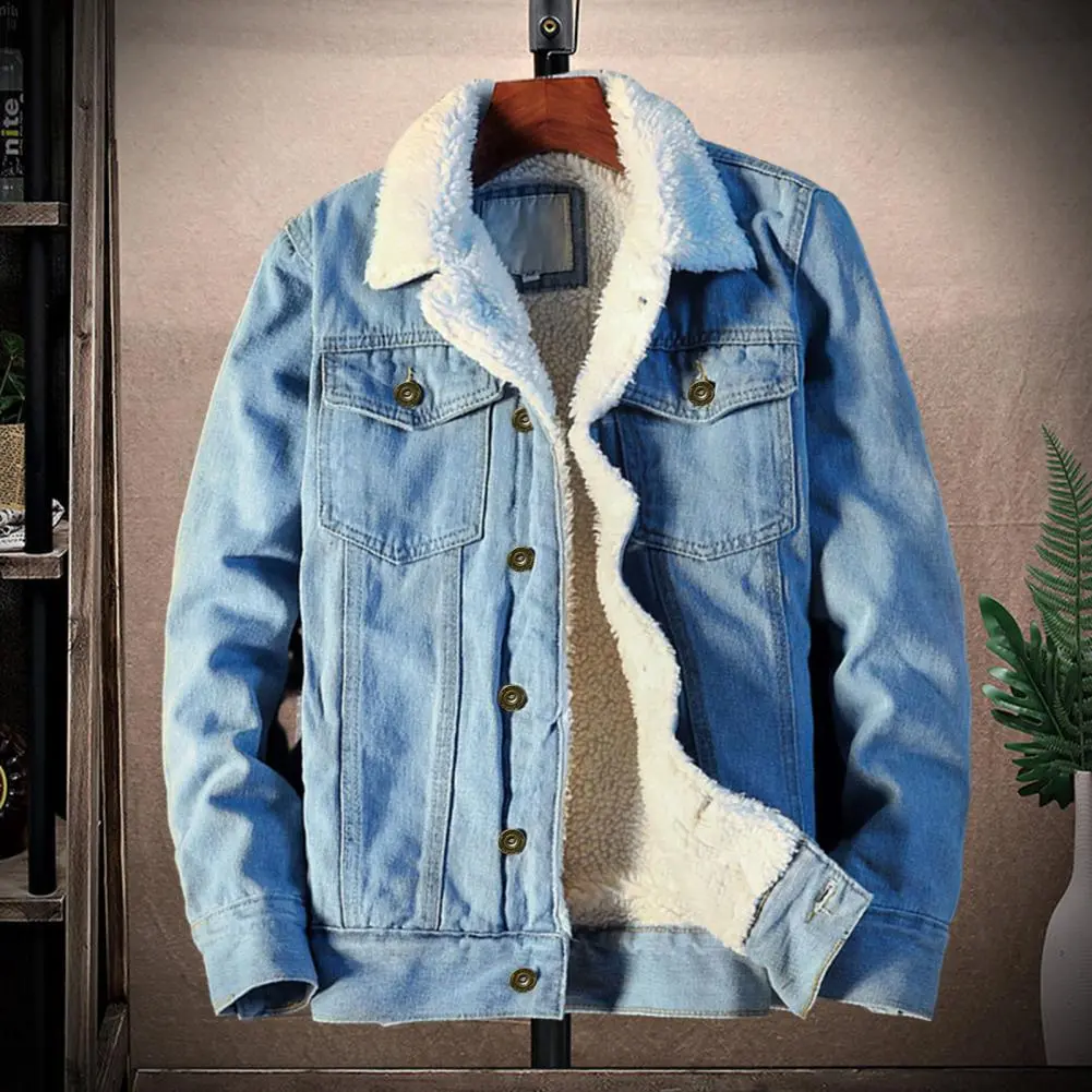 2025 Men Jean Jacket Plush Lining Single Breasted Turndown Collar Men Jean Coat Coldproof Winter Thicken Lapel Denim Jacket