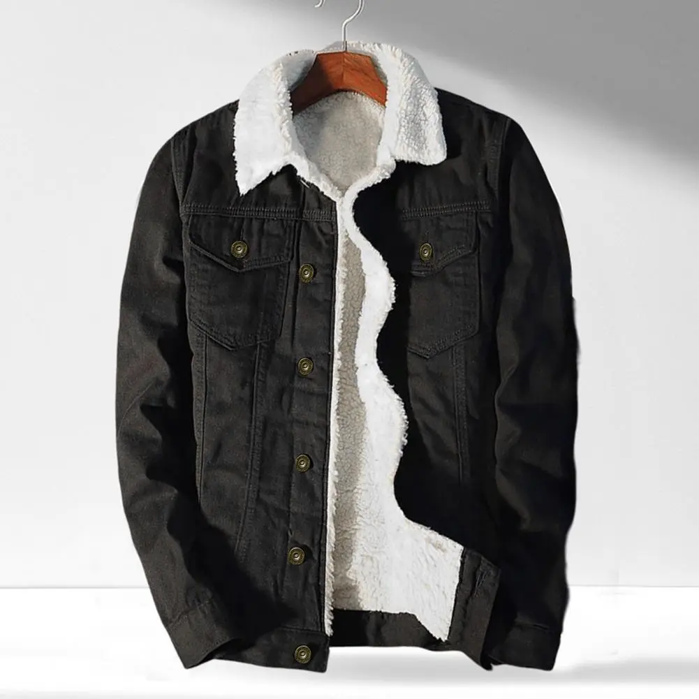 2025 Men Jean Jacket Plush Lining Single Breasted Turndown Collar Men Jean Coat Coldproof Winter Thicken Lapel Denim Jacket