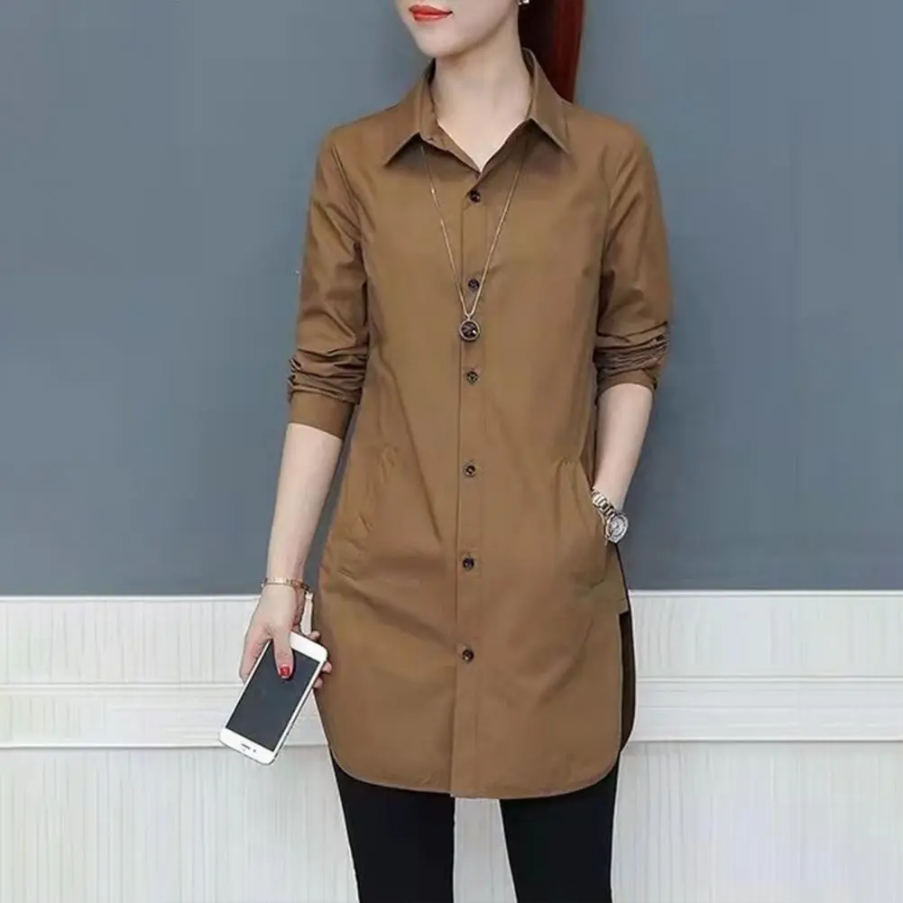 Women Shirt 2025 Long Sleeve U Shaped Hem Female Blouse Single Breasted Turndown Collar Loose Spring Summer Shirt Blouse