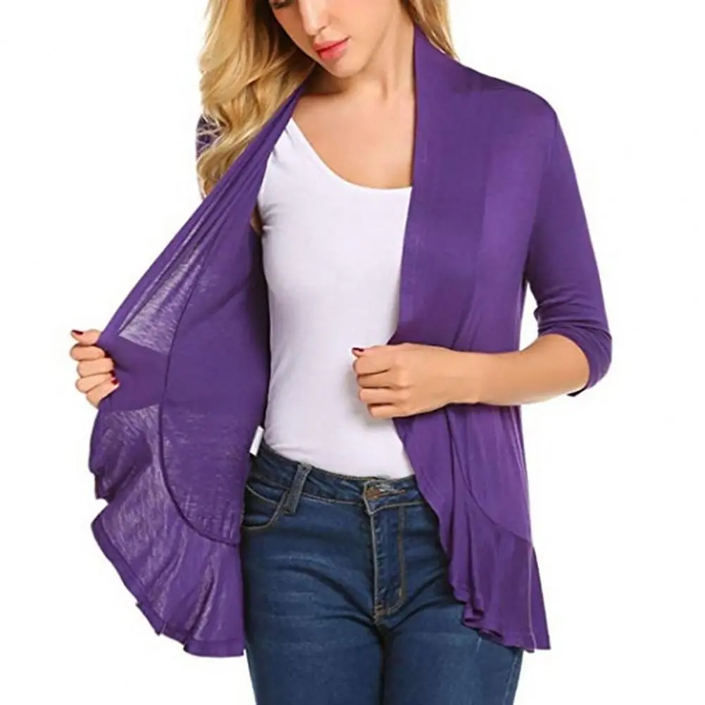 Ruffle Lady Cardigan Women Coat Open Stitch Long Sleeves Warm Elastic Loose Irregular Hem Women Cardigan Comfortable Spring Coat