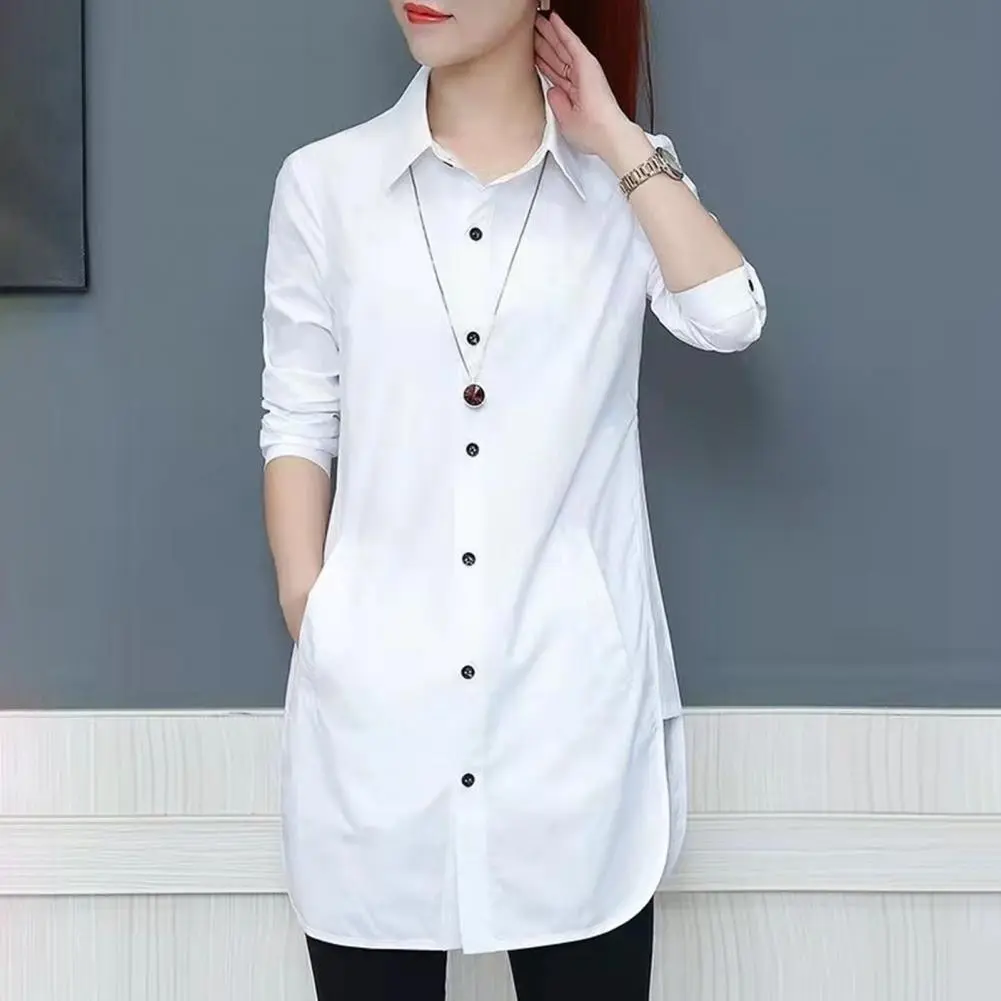 Women Shirt 2025 Long Sleeve U Shaped Hem Female Blouse Single Breasted Turndown Collar Loose Spring Summer Shirt Blouse