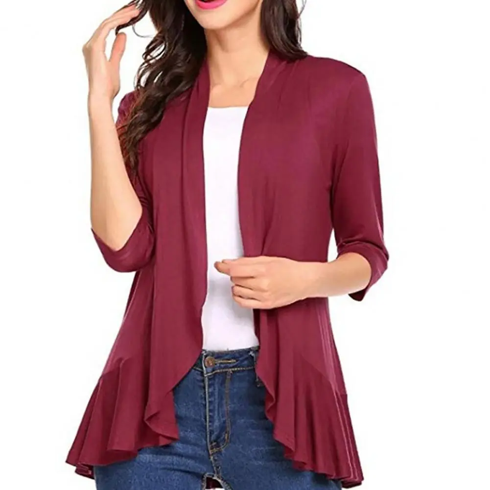 Ruffle Lady Cardigan Women Coat Open Stitch Long Sleeves Warm Elastic Loose Irregular Hem Women Cardigan Comfortable Spring Coat