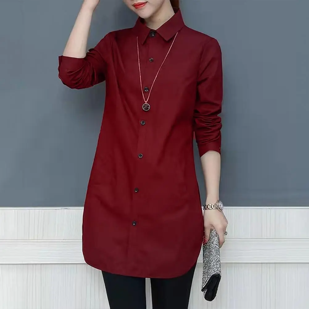 Women Shirt 2025 Long Sleeve U Shaped Hem Female Blouse Single Breasted Turndown Collar Loose Spring Summer Shirt Blouse