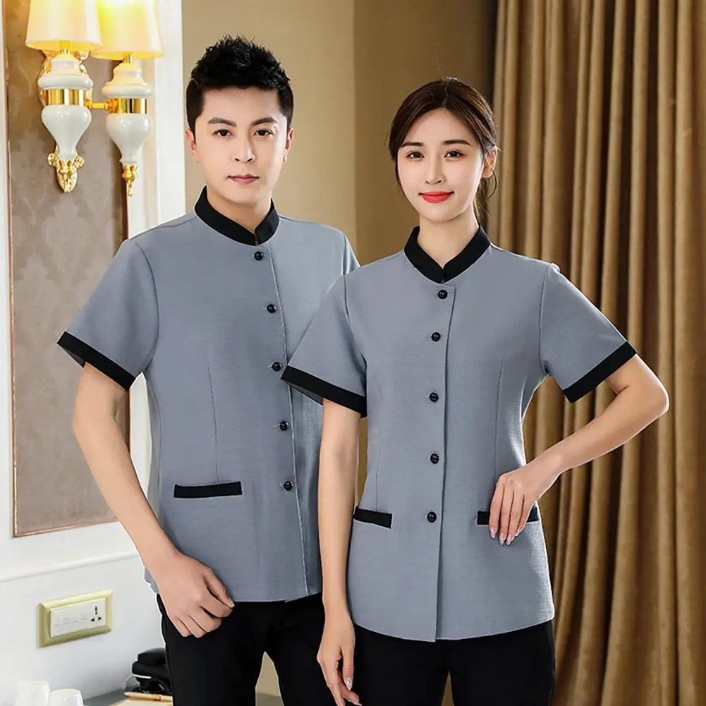 Hotel Housekeeping Uniform Women Slim Fit Top Stand Collar Short Sleeve Single Breasted Pockets Work Uniform T-shirt Hotel Top