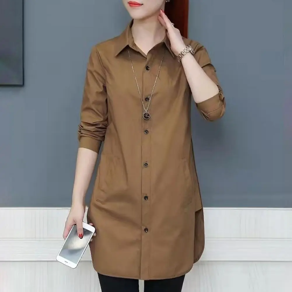 Women Shirt 2025 Long Sleeve U Shaped Hem Female Blouse Single Breasted Turndown Collar Loose Spring Summer Shirt Blouse