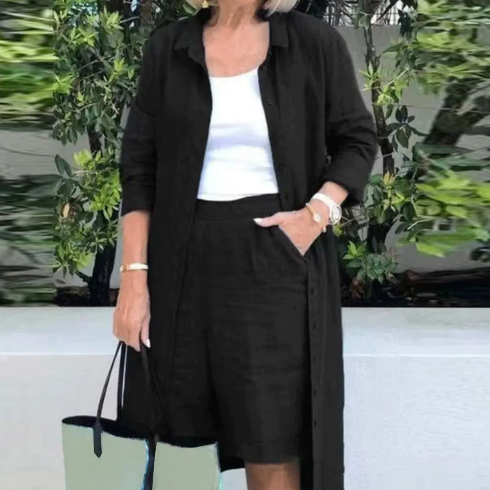 Women Shirt Pants Set Solid Color Loose Wide Leg Lady Jacket Trousers Suit Long Coat Casual Long Sleeves Shirt Shorts Set