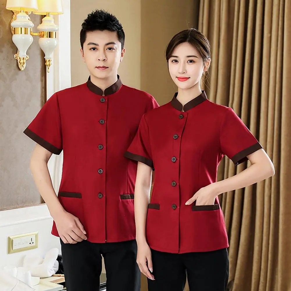 Hotel Housekeeping Uniform Women Slim Fit Top Stand Collar Short Sleeve Single Breasted Pockets Work Uniform T-shirt Hotel Top