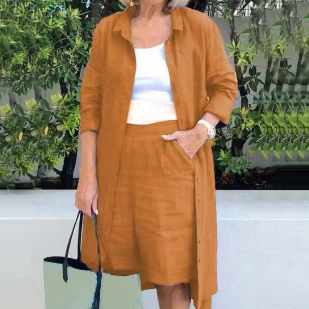 Women Shirt Pants Set Solid Color Loose Wide Leg Lady Jacket Trousers Suit Long Coat Casual Long Sleeves Shirt Shorts Set