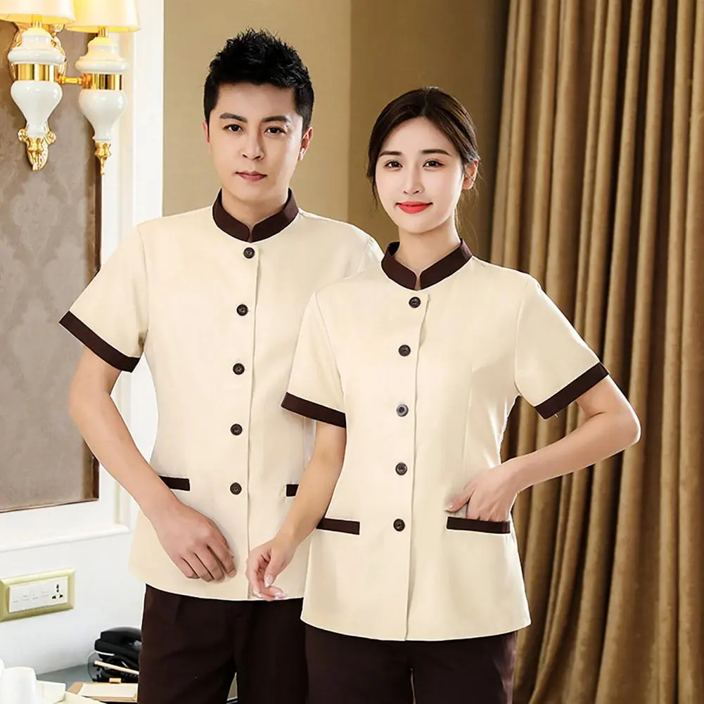 Hotel Housekeeping Uniform Women Slim Fit Top Stand Collar Short Sleeve Single Breasted Pockets Work Uniform T-shirt Hotel Top