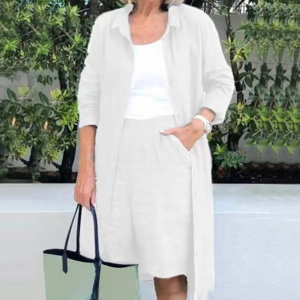 Women Shirt Pants Set Solid Color Loose Wide Leg Lady Jacket Trousers Suit Long Coat Casual Long Sleeves Shirt Shorts Set