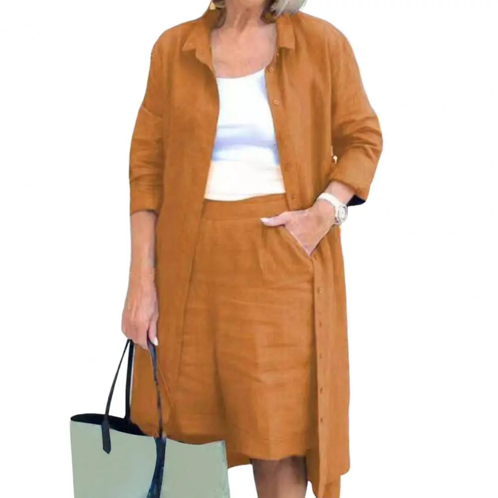 Women Shirt Pants Set Solid Color Loose Wide Leg Lady Jacket Trousers Suit Long Coat Casual Long Sleeves Shirt Shorts Set
