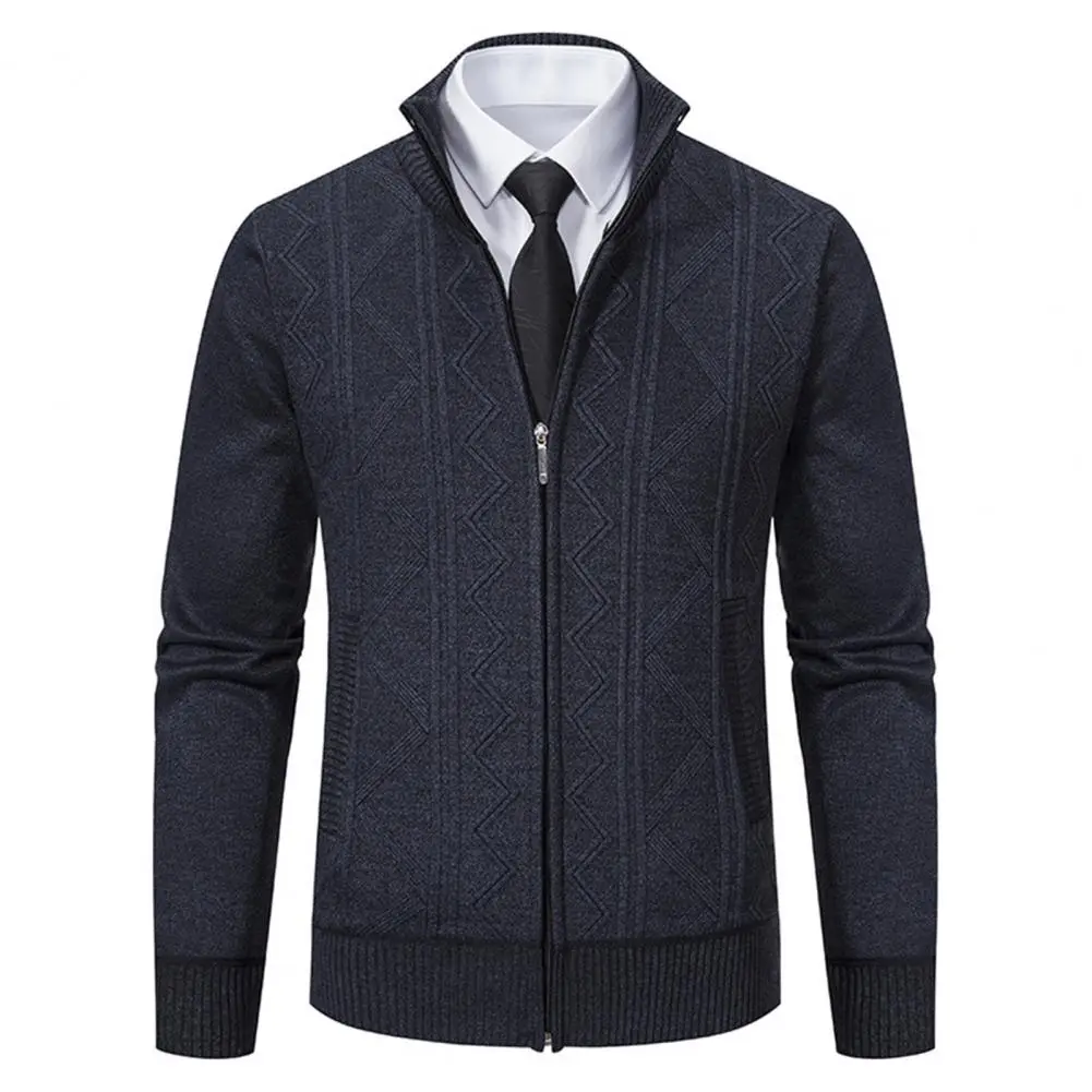 Men Cardigan Stand Collar Ribbed Trim Wave Pattern Knitting Sweater Coat Long Sleeve Pockets Zipper Placket Knitting Sweater