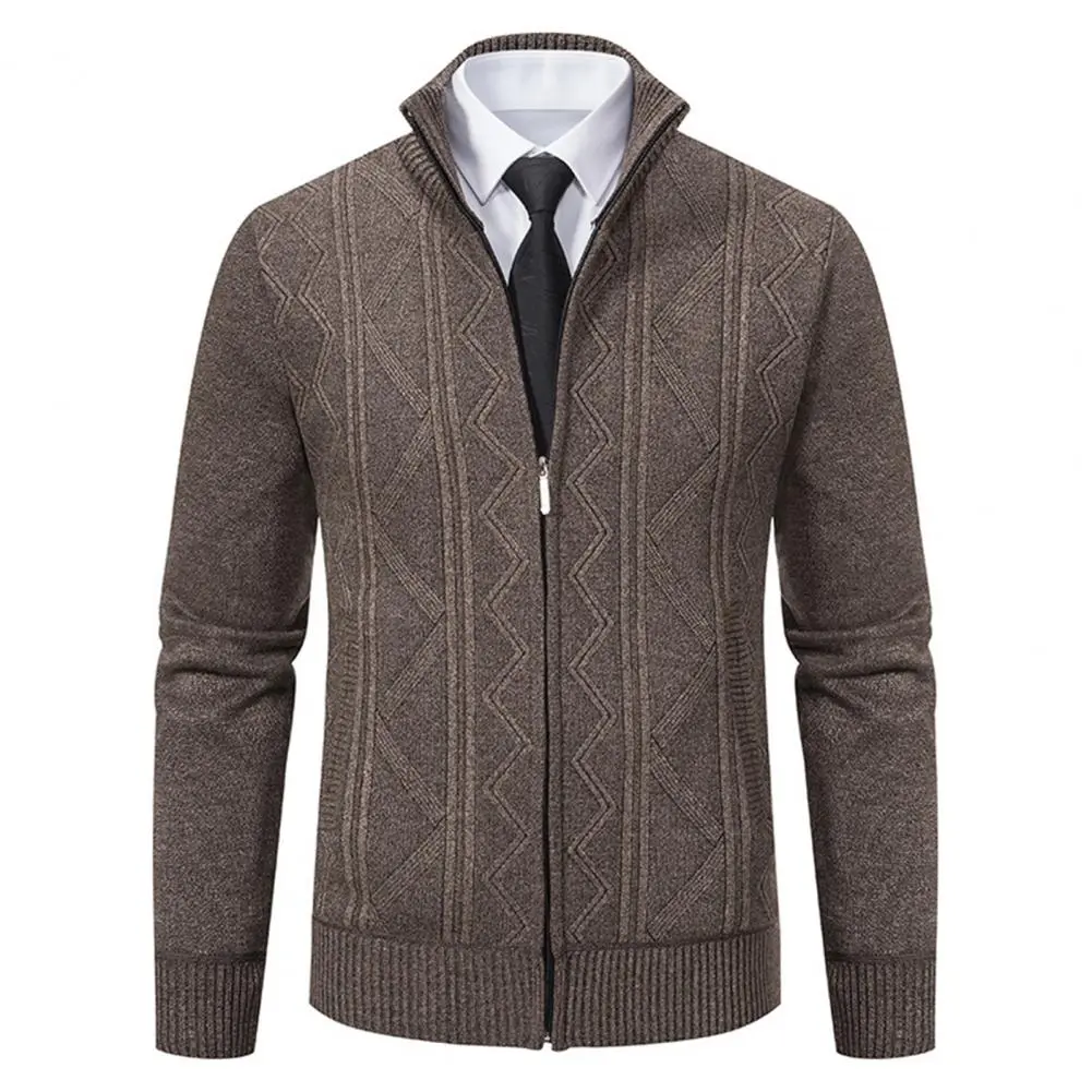 Men Cardigan Stand Collar Ribbed Trim Wave Pattern Knitting Sweater Coat Long Sleeve Pockets Zipper Placket Knitting Sweater